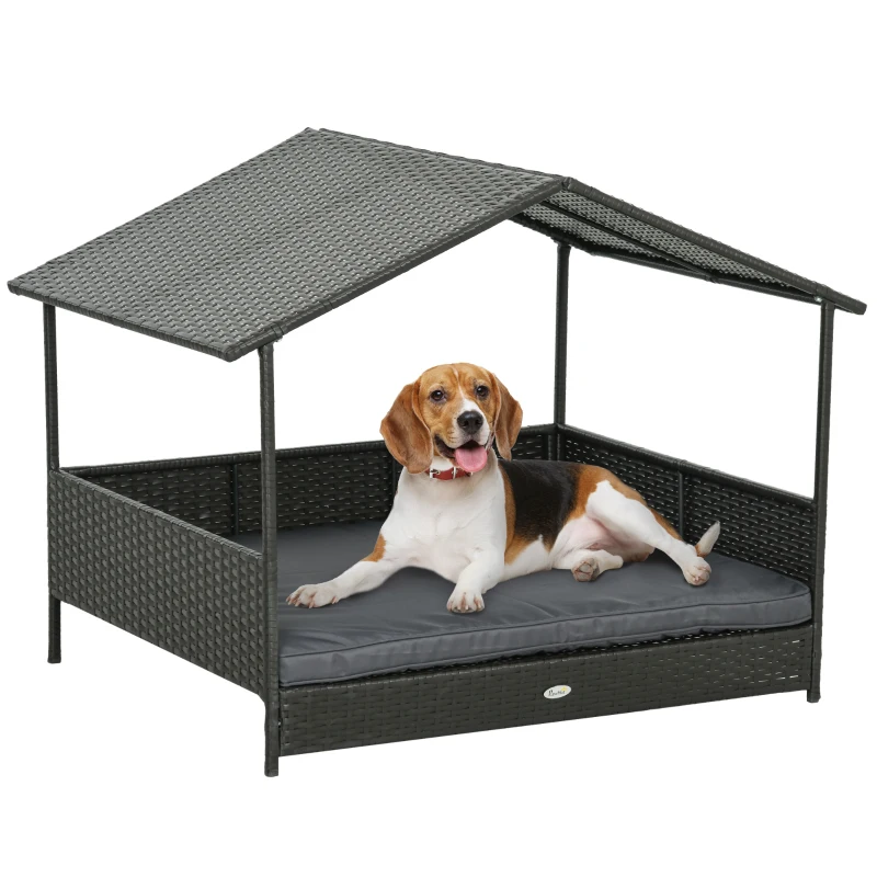PetHat Casetta per Cani Rialzata con Cuscino Sfoderabile, in Rattan PE e Acciaio, 117x85x89 cm, Grigio e Marrone